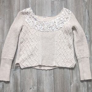 FREE PEOPLE Ivory Creme Aurora Jewel Embellished Lace Trim Wool Knit Sweater XS